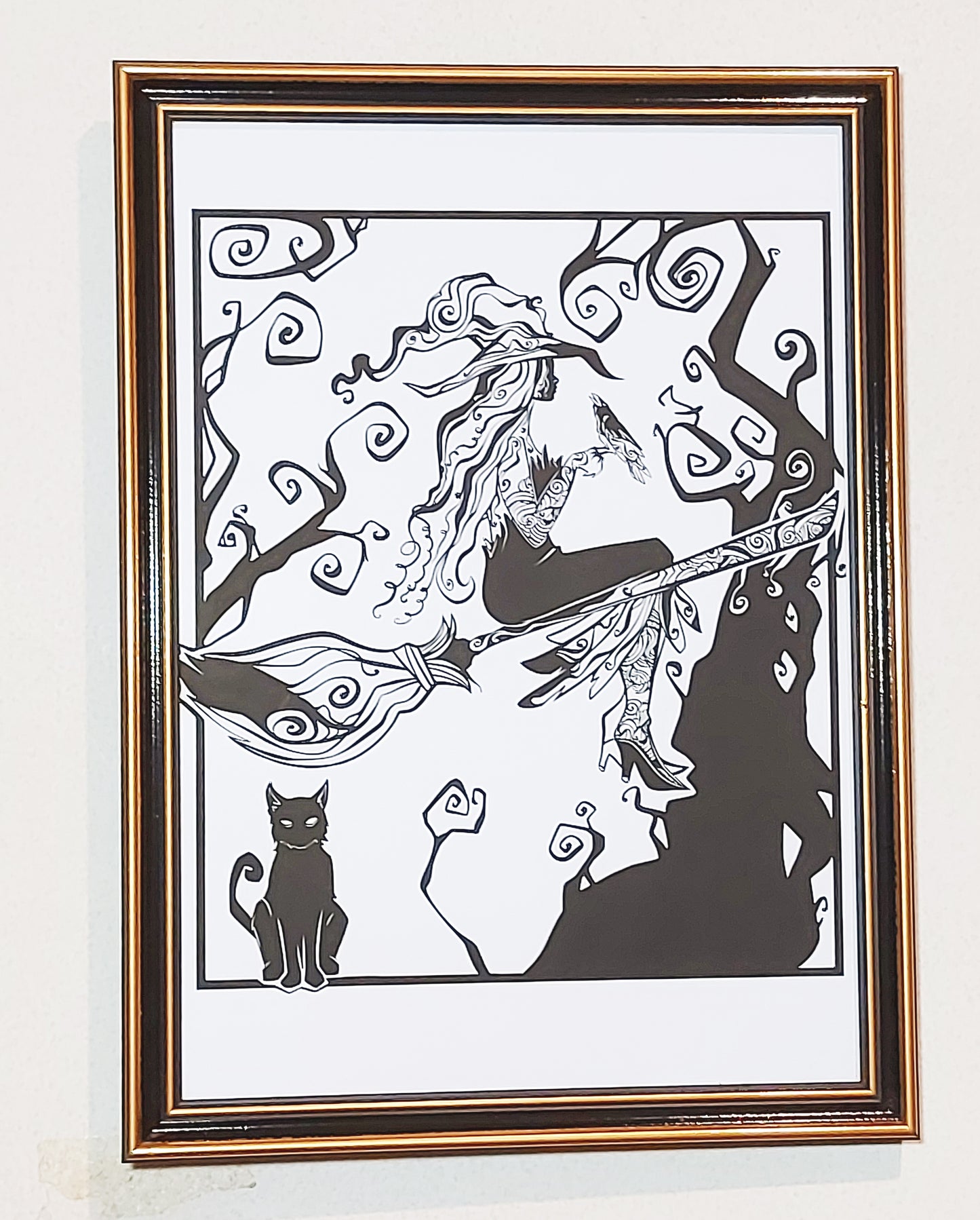 Fine Art Print Witch Bird and Cat A4
