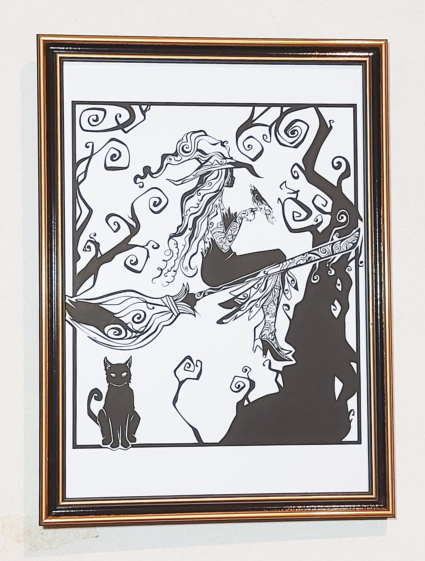 Fine Art Print Witch Bird and Cat A4