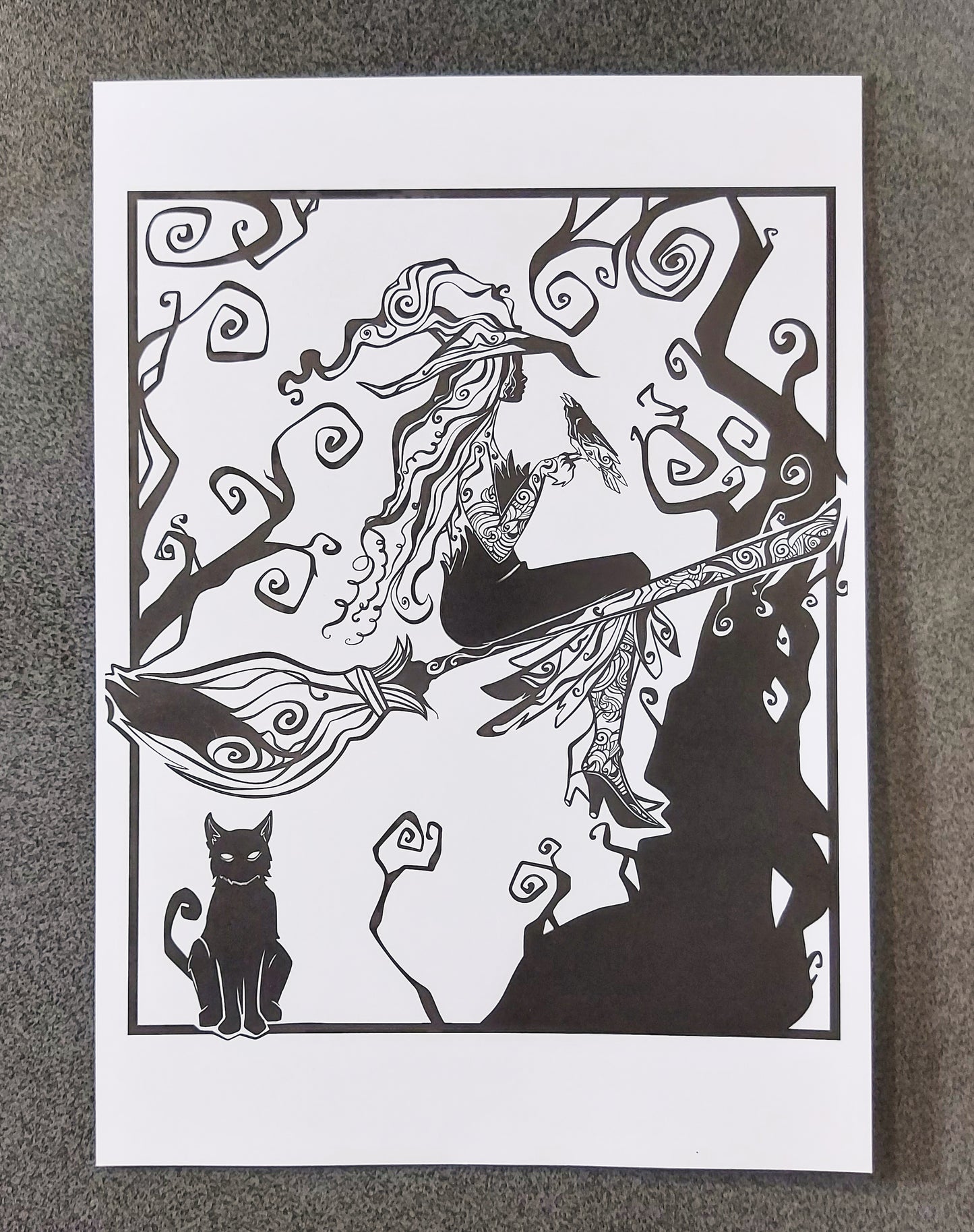 Fine Art Print Witch Bird and Cat A4
