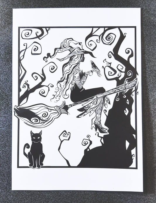Fine Art Print Witch Bird and Cat A4
