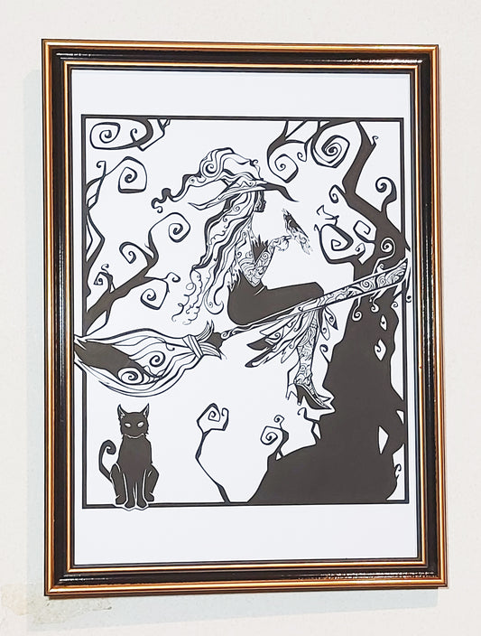 Fine Art Print Witch Bird and Cat A4